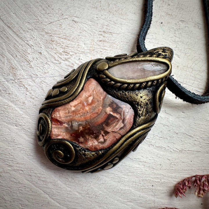 Petrified Wood and Morganite Necklace - FairyGardenGlow