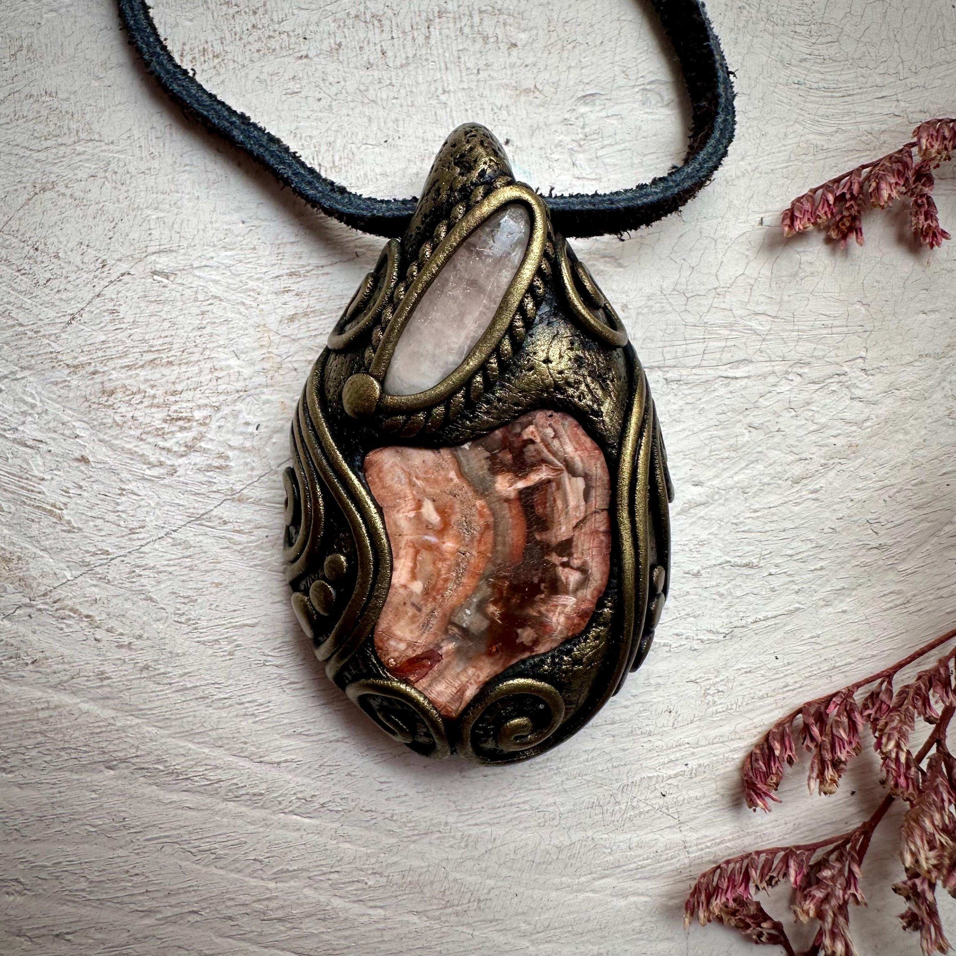 Petrified Wood and Morganite Necklace - FairyGardenGlow
