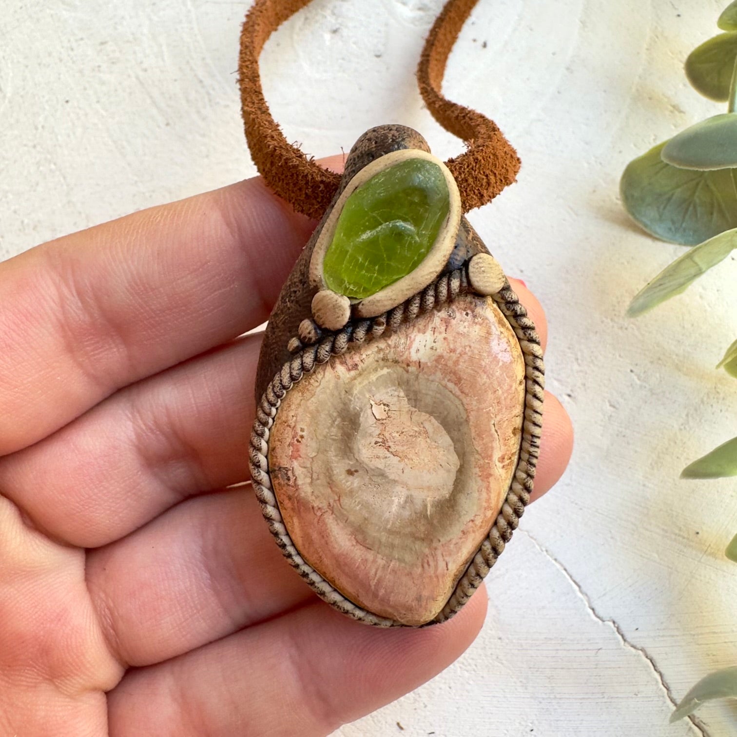 Petrified wood and Peridot pendant necklace handmade with natural gemstones