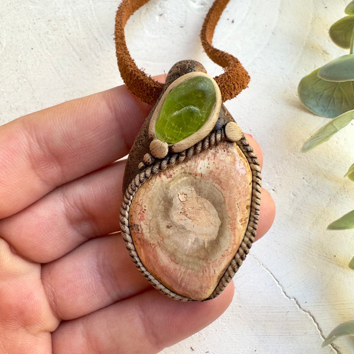 Petrified wood and Peridot pendant necklace handmade with natural gemstones
