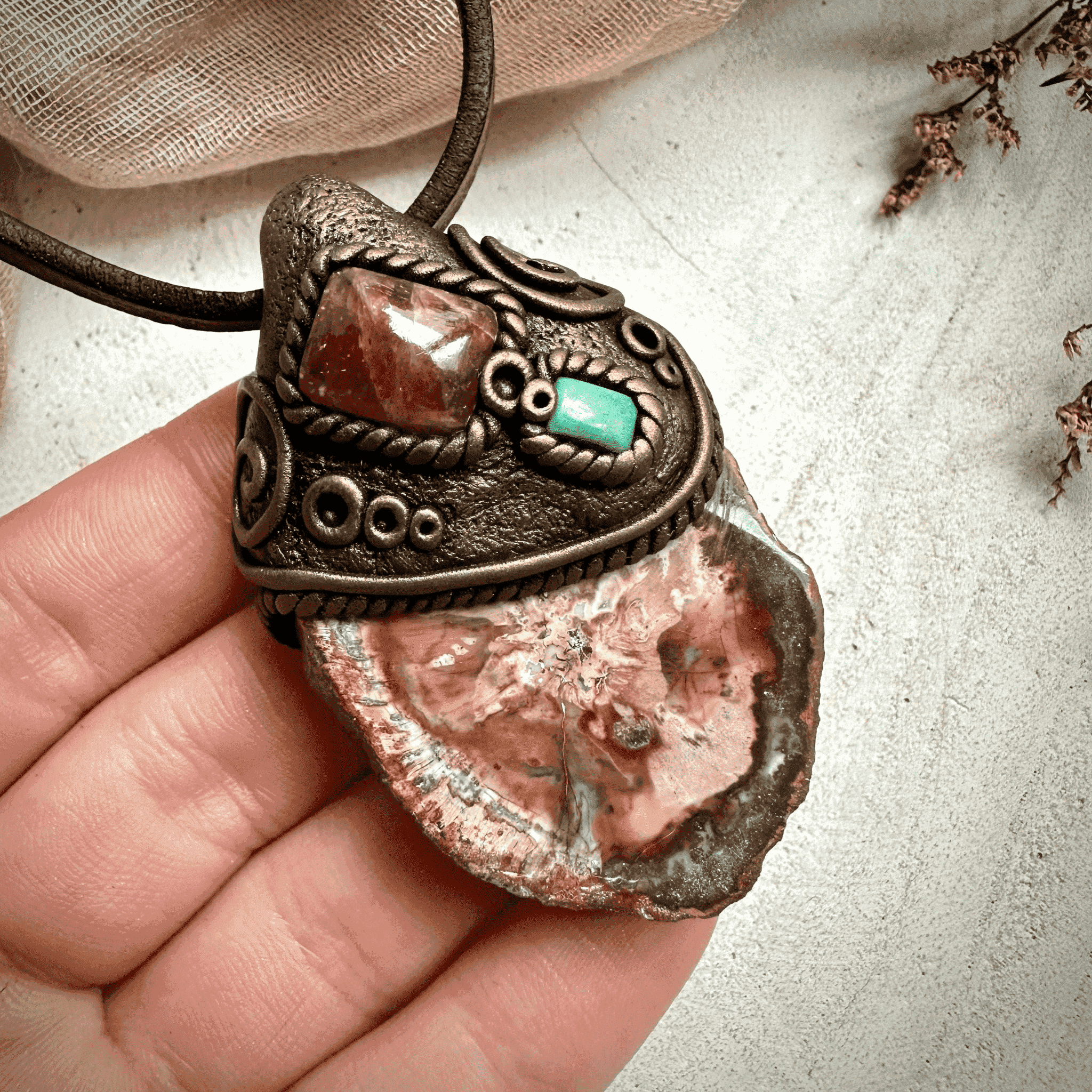 Petrified Wood Sunstone and Tibetan Turquoise Pendant Necklace - FairyGardenGlow
