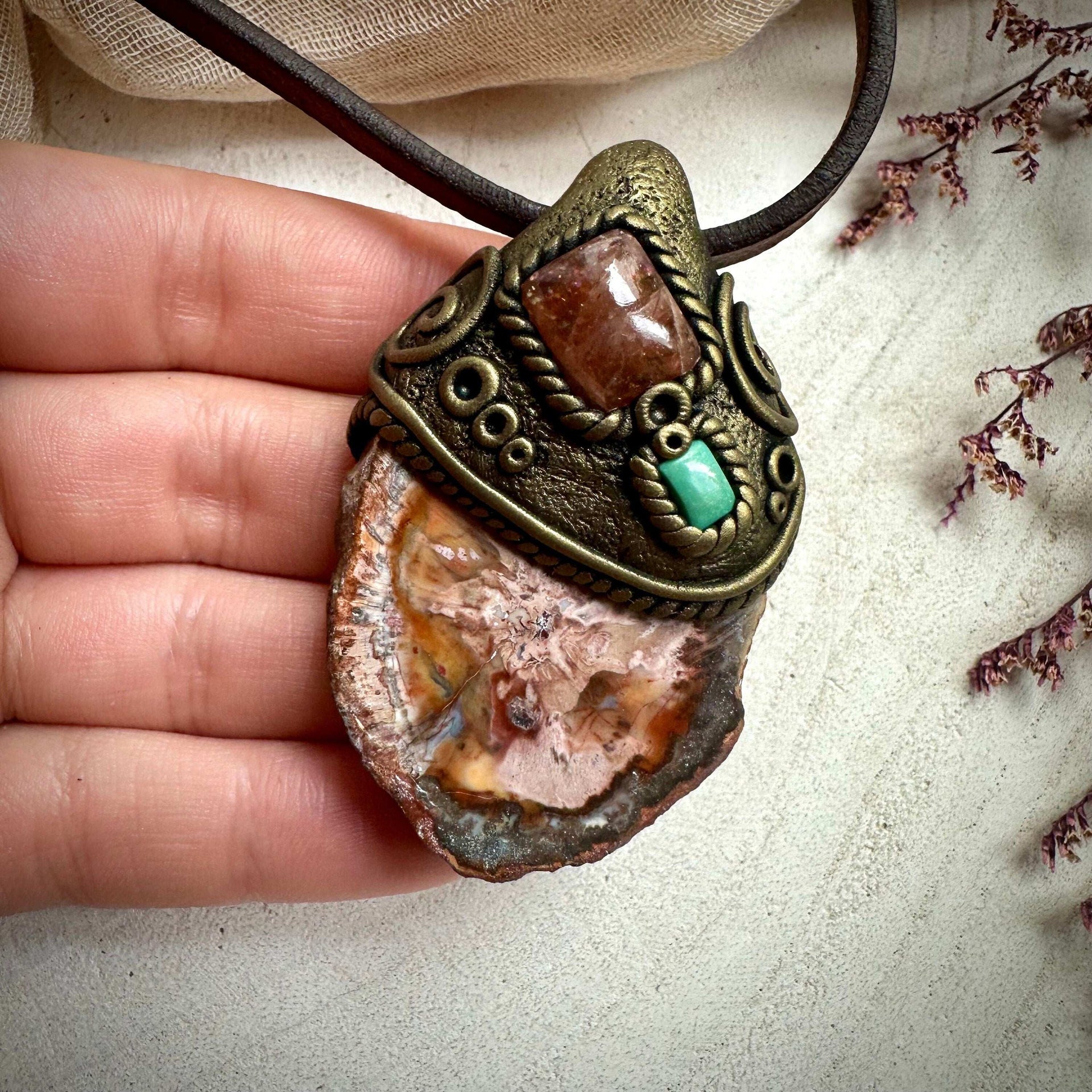 Petrified Wood Sunstone and Tibetan Turquoise Pendant Necklace - FairyGardenGlow