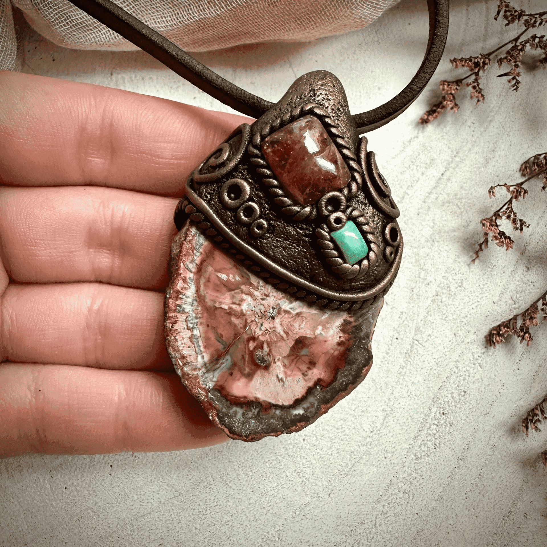 Petrified Wood Sunstone and Tibetan Turquoise Pendant Necklace - FairyGardenGlow