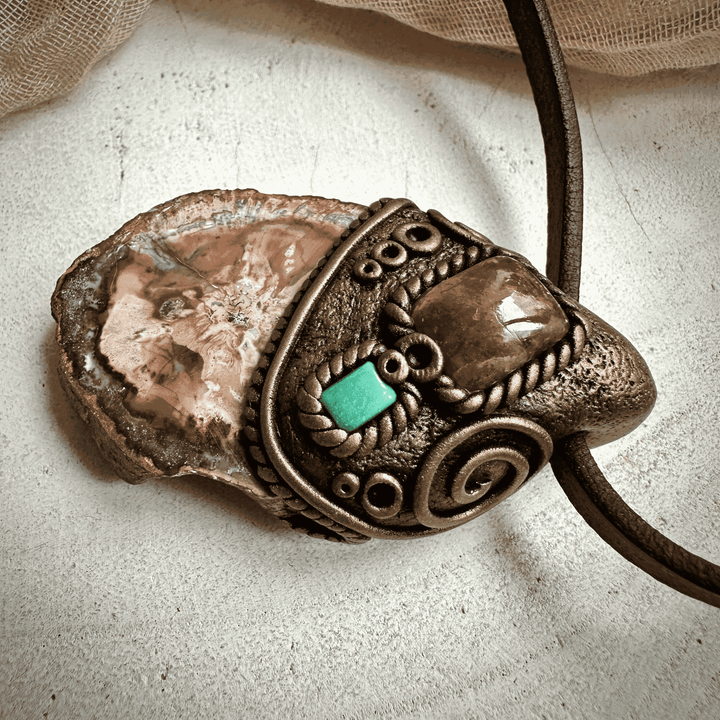 Petrified Wood Sunstone and Tibetan Turquoise Pendant Necklace - FairyGardenGlow