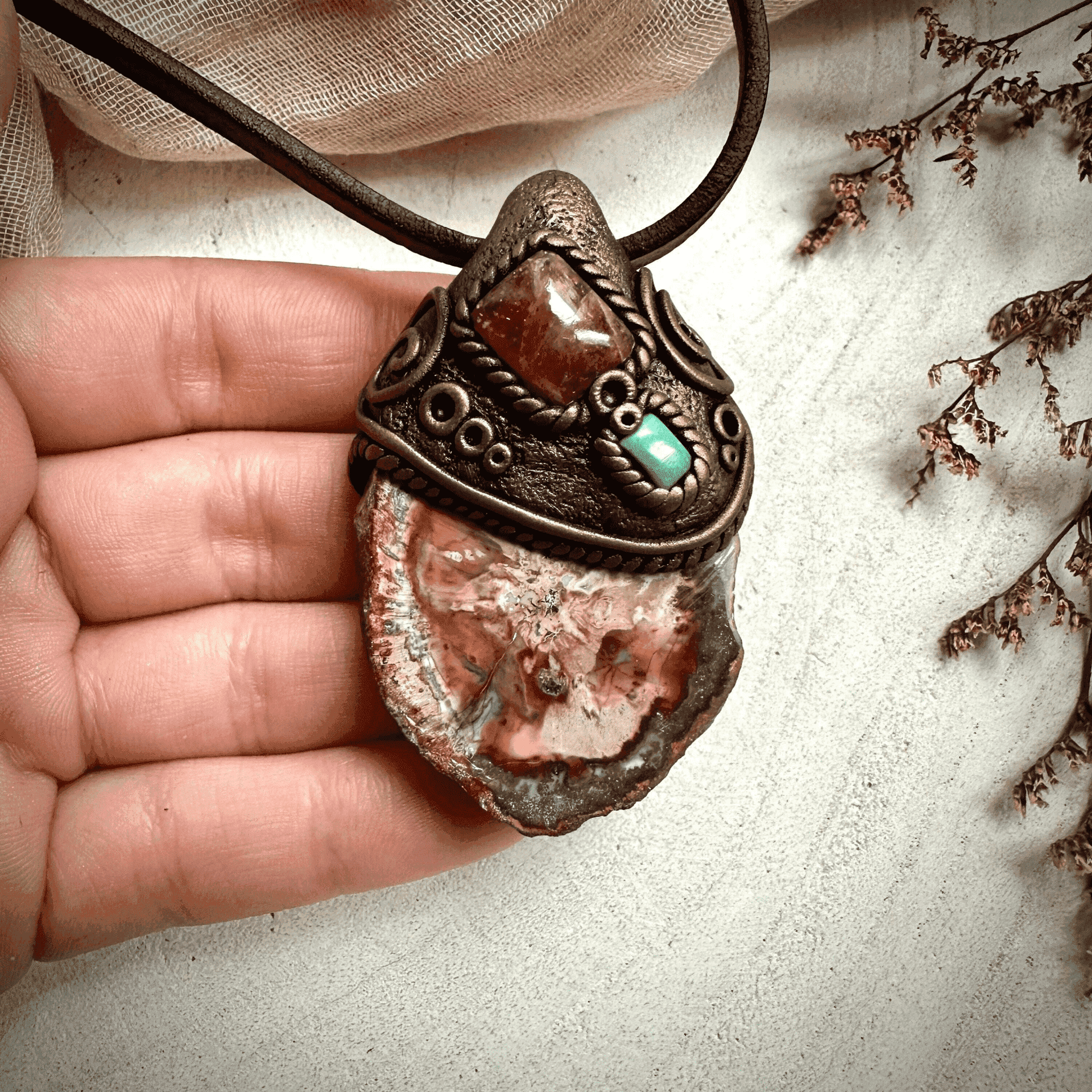 Petrified Wood Sunstone and Tibetan Turquoise Pendant Necklace - FairyGardenGlow