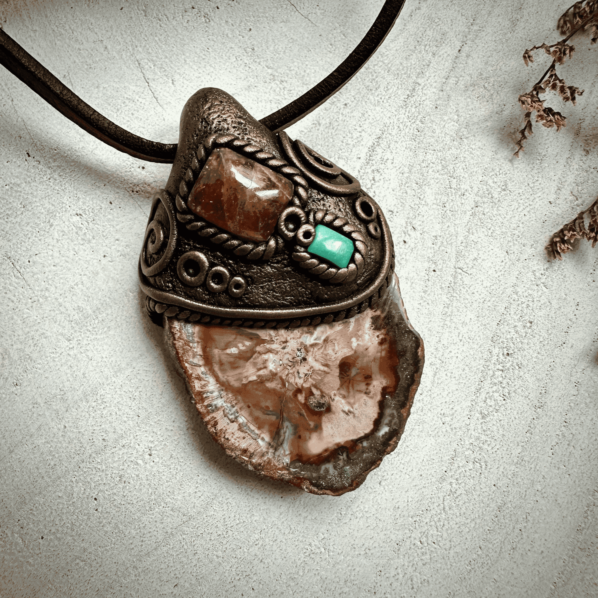 Petrified Wood Sunstone and Tibetan Turquoise Pendant Necklace - FairyGardenGlow