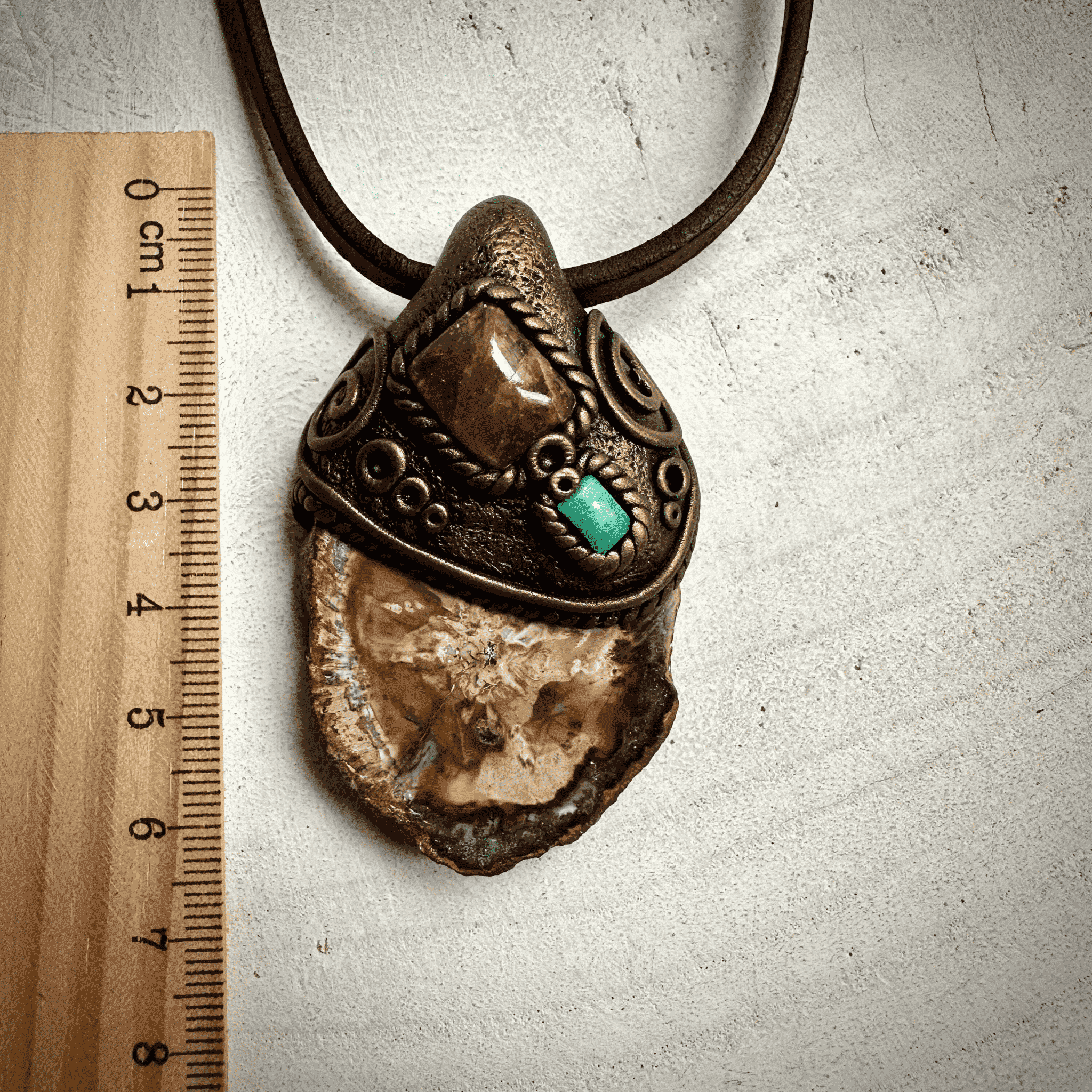 Petrified Wood Sunstone and Tibetan Turquoise Pendant Necklace - FairyGardenGlow