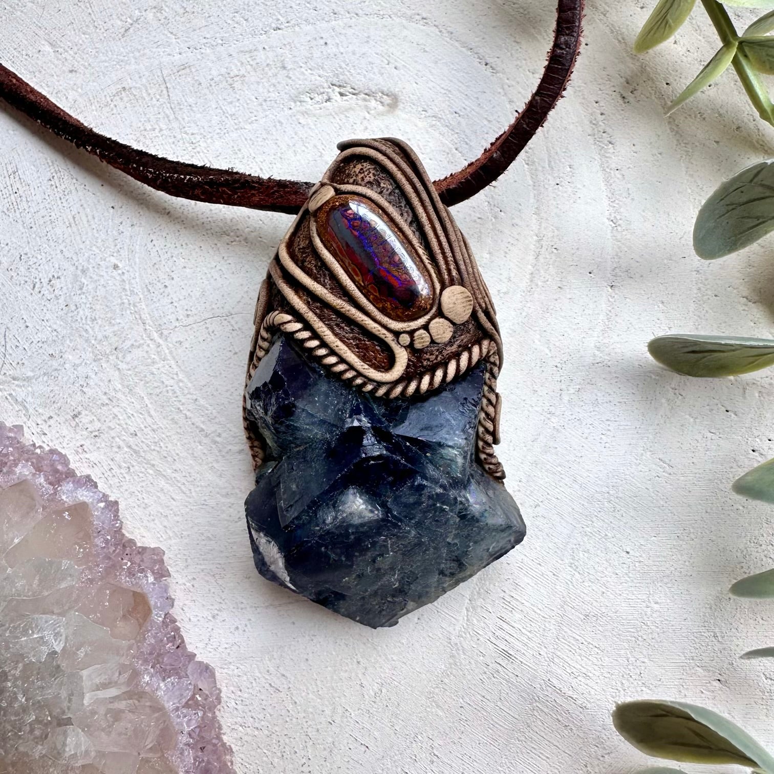 Phantom cubic fluorite and boulder opal pendant necklace