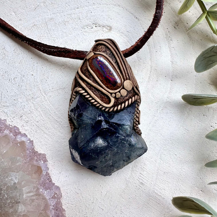 Phantom cubic fluorite and boulder opal pendant necklace