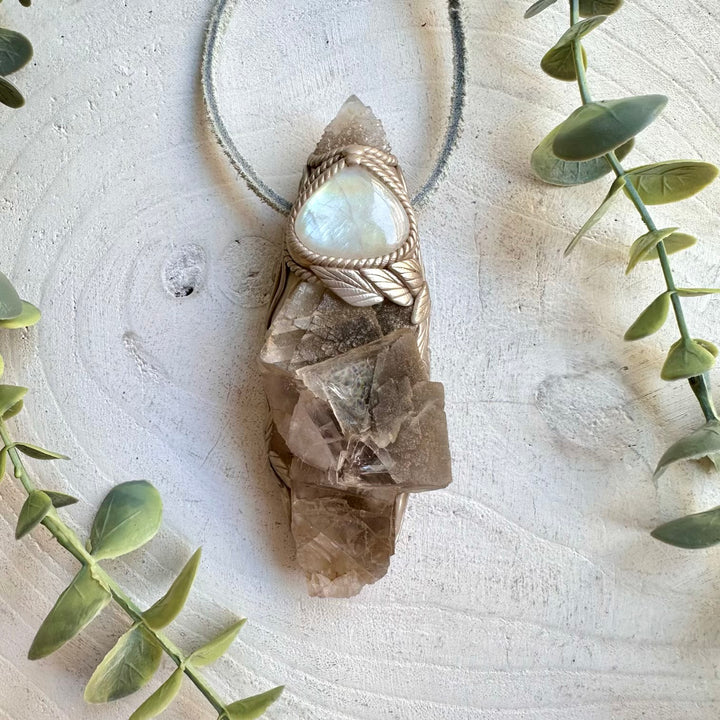 Phantom Fluorite Cluster with Spirit Quartz and Rainbow Moonstone healing crystal wand pendant
