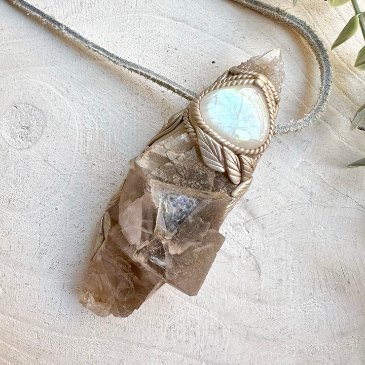 Phantom Fluorite Cluster with Spirit Quartz and Rainbow Moonstone healing crystal wand