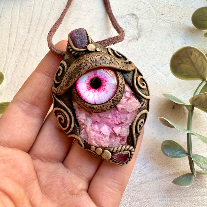 Pink calcite ruby and tourmaline spiritual amulet necklace