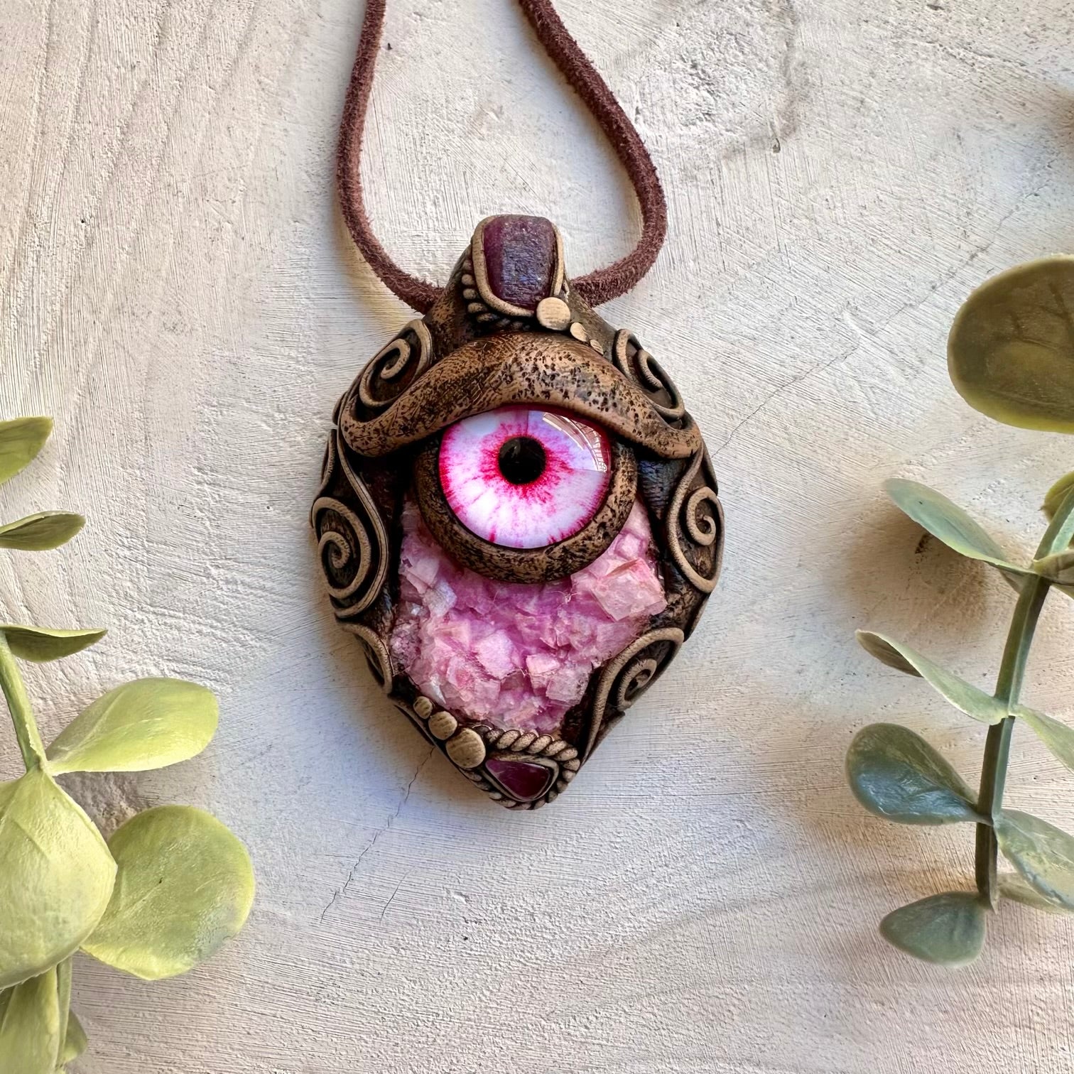 Pink calcite cluster ruby and pink tourmaline eye necklace