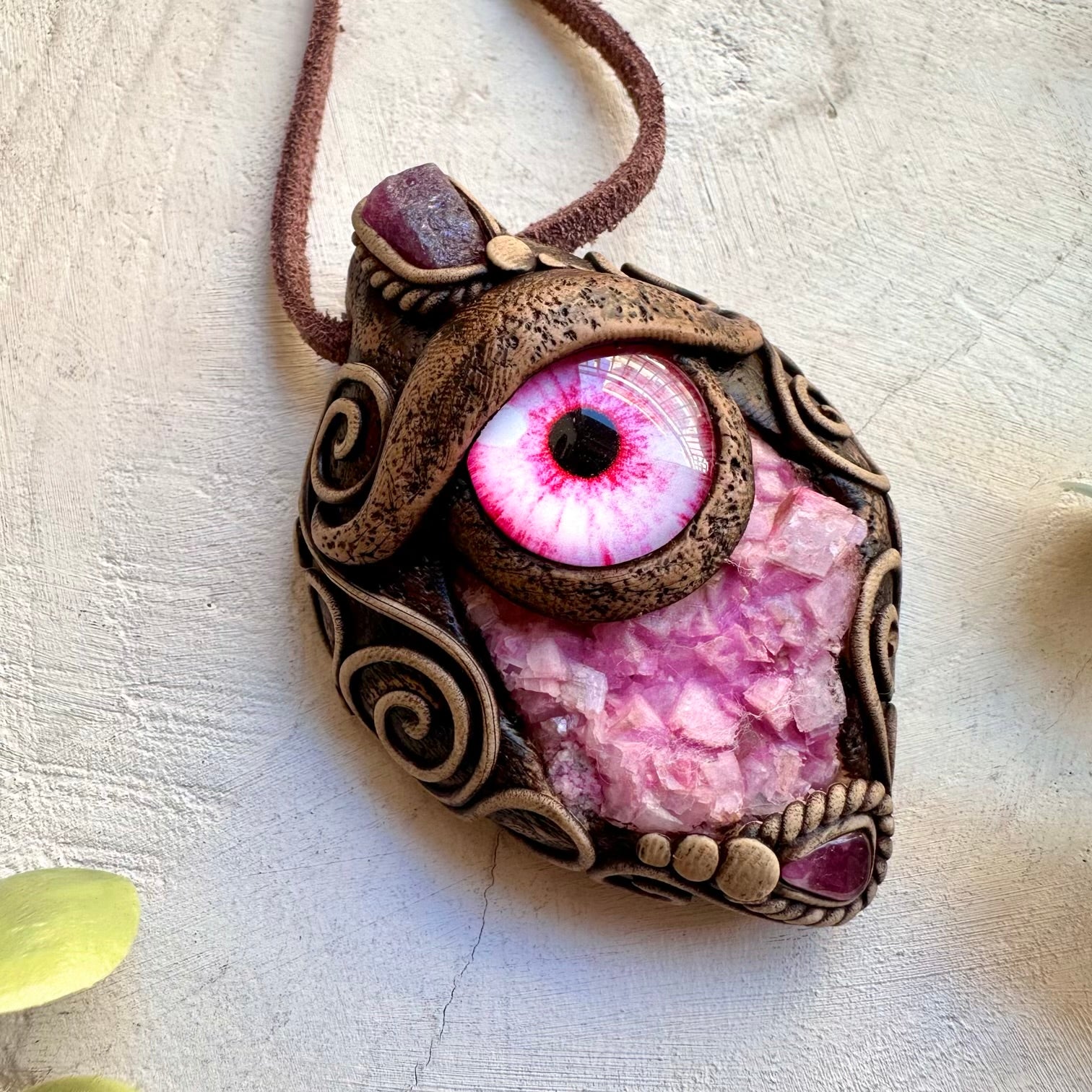 Pink calcite cluster healing crystal jewelry with ruby accents