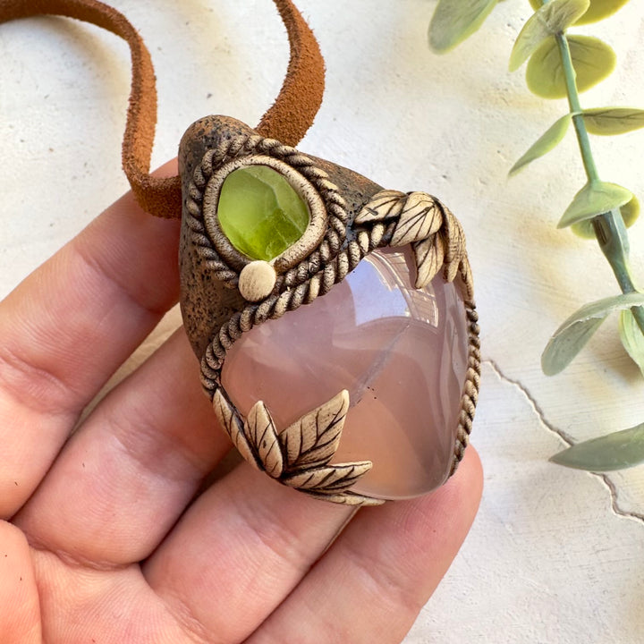 Handmade crystal jewelry with natural pink gemstone and peridot crystal