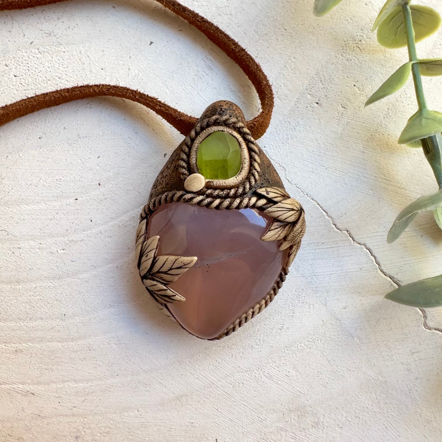 Pink chalcedony and peridot pendant necklace handmade with natural gemstones