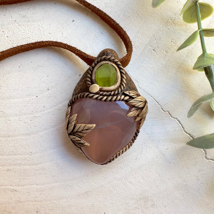 Pink chalcedony and peridot pendant necklace handmade with natural gemstones