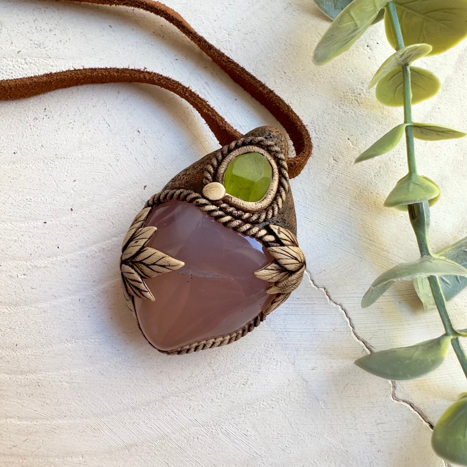 Natural pink chalcedony pendant with peridot unique gemstone necklace