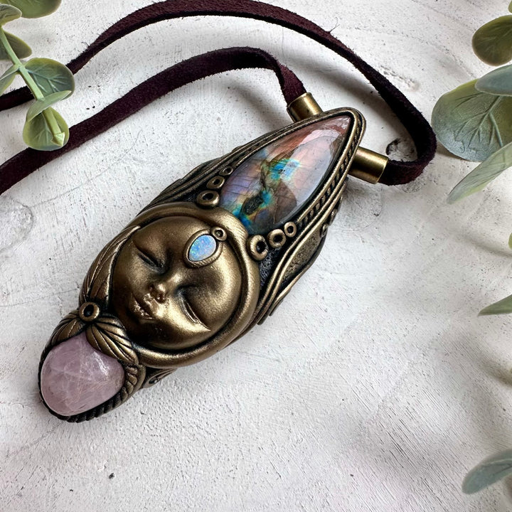 Healing crystal pendant with labradorite kunzite and opal