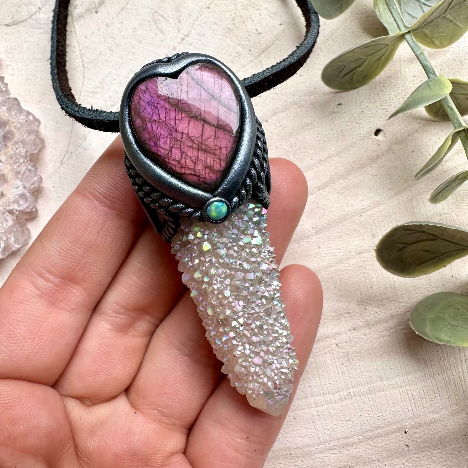 Handmade necklace with aura quartz and pink labradorite heart