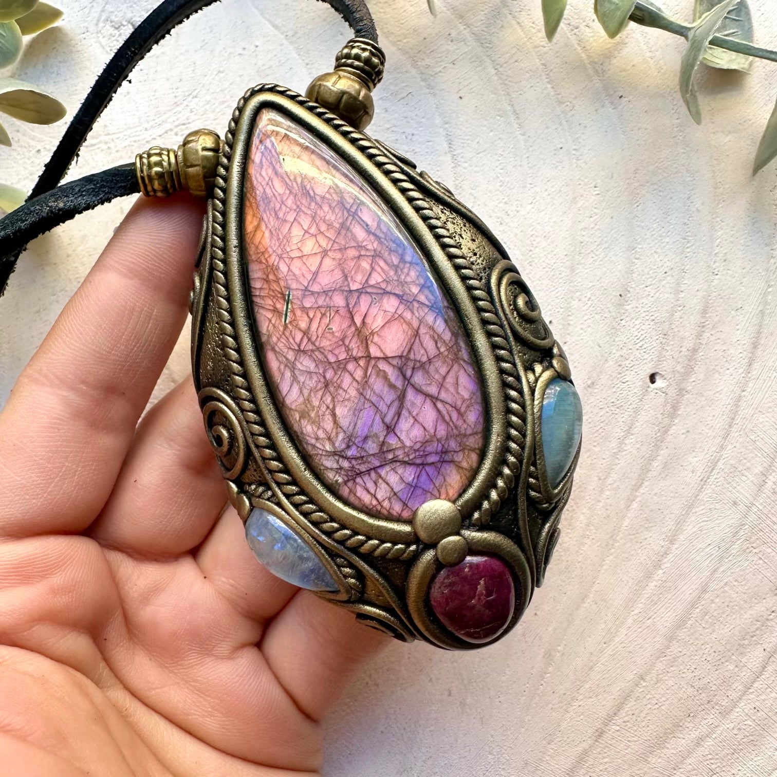 Handmade statement necklace featuring pink labradorite moonstone and ruby