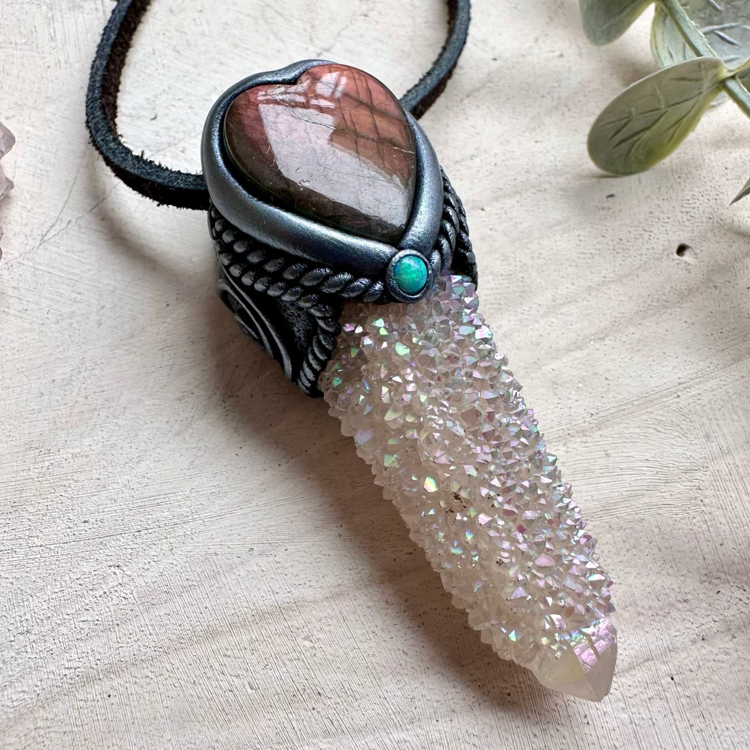 Natural gemstone necklace with aura quartz and labradorite