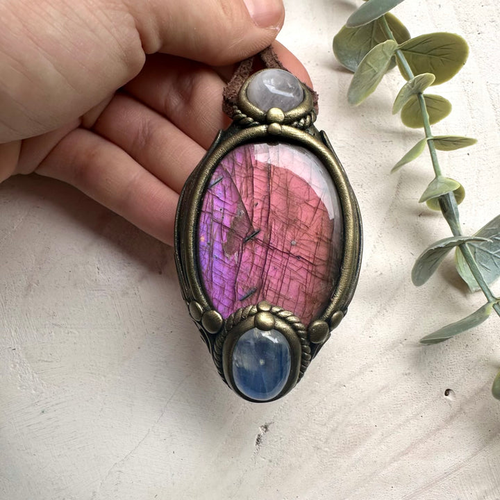 Pink labradorite rose quartz and moonstone necklace, handmade healing crystal jewelry