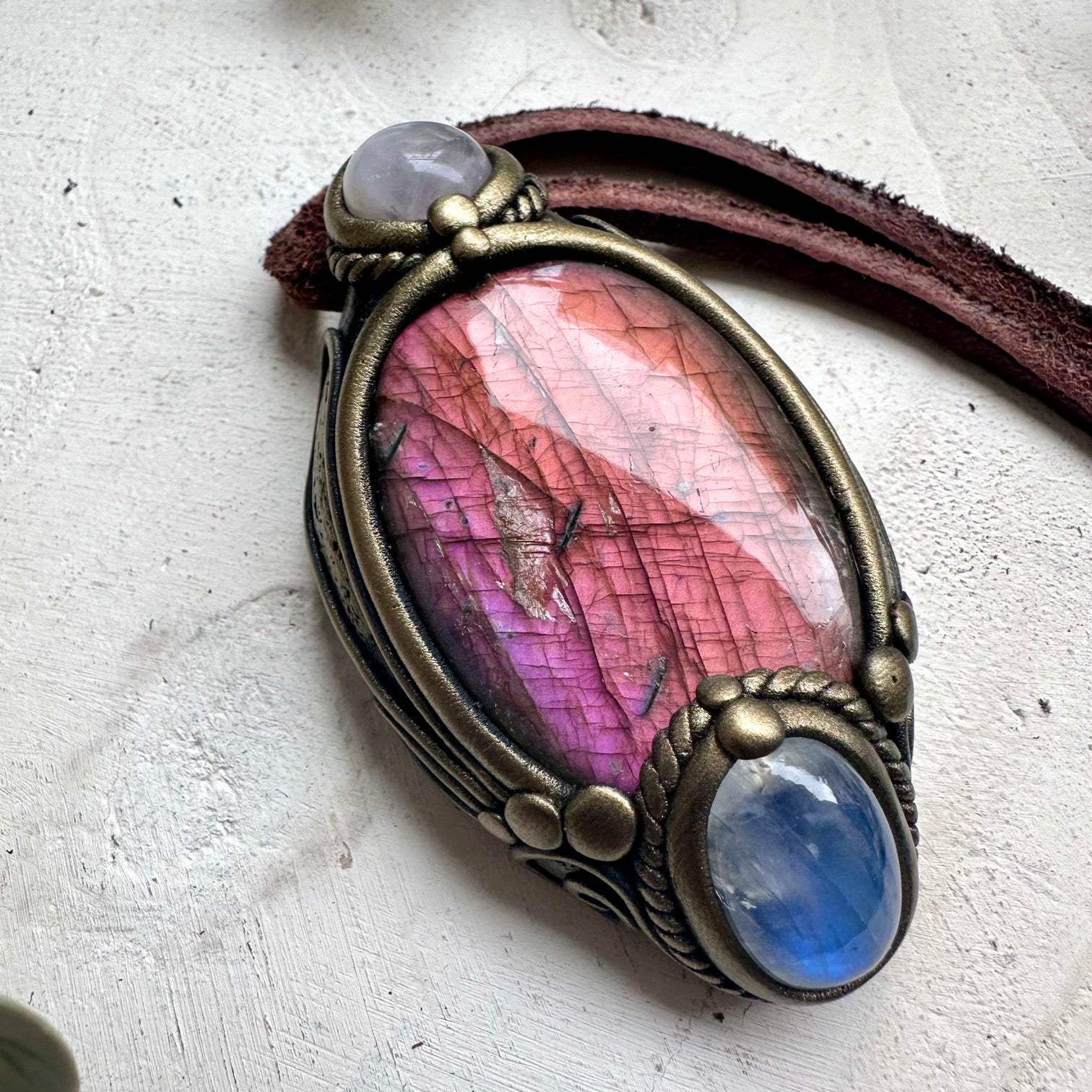 Unique gemstone necklace combining pink labradorite rose quartz and moonstone