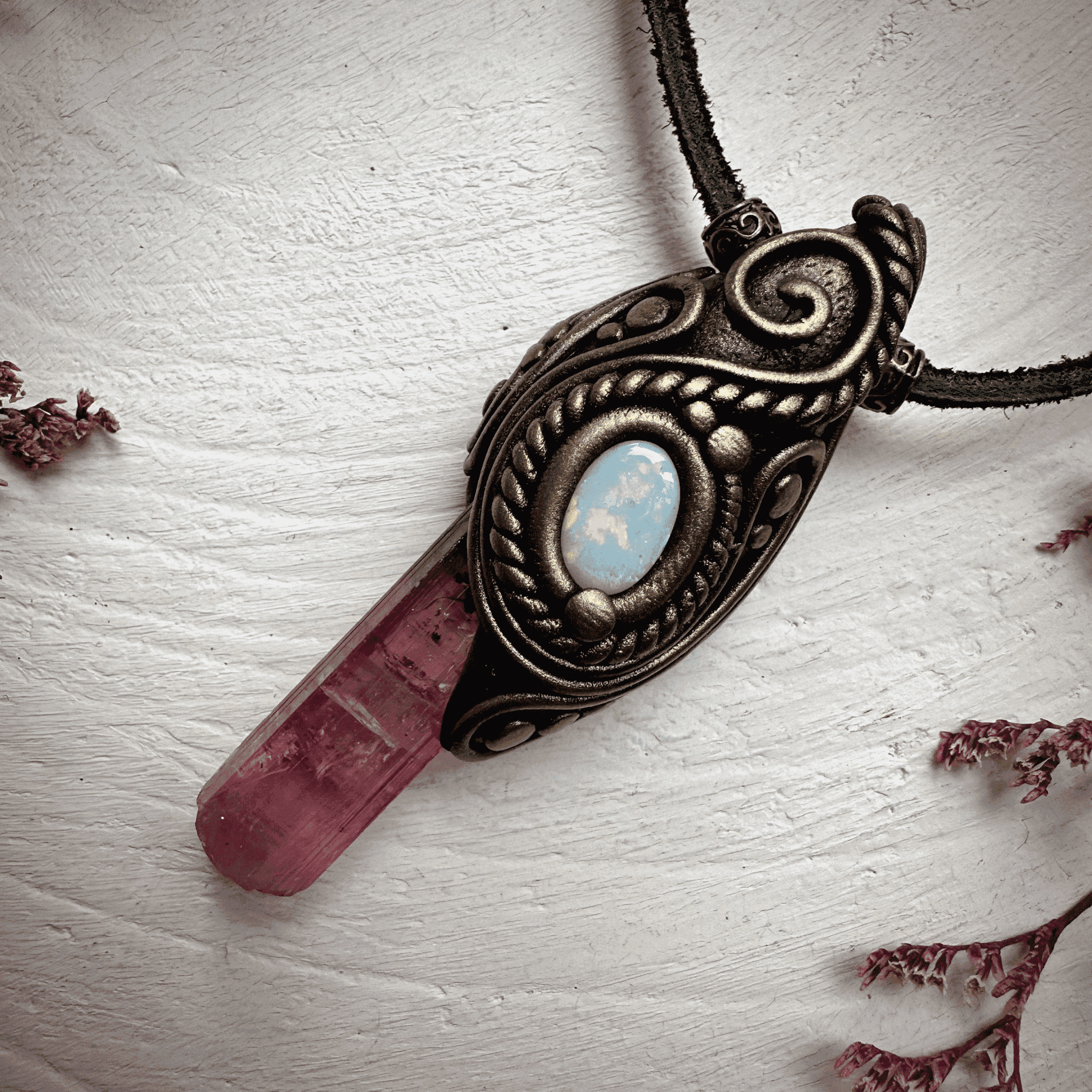 Pink Tourmaline and Australian Opal Necklace - FairyGardenGlow