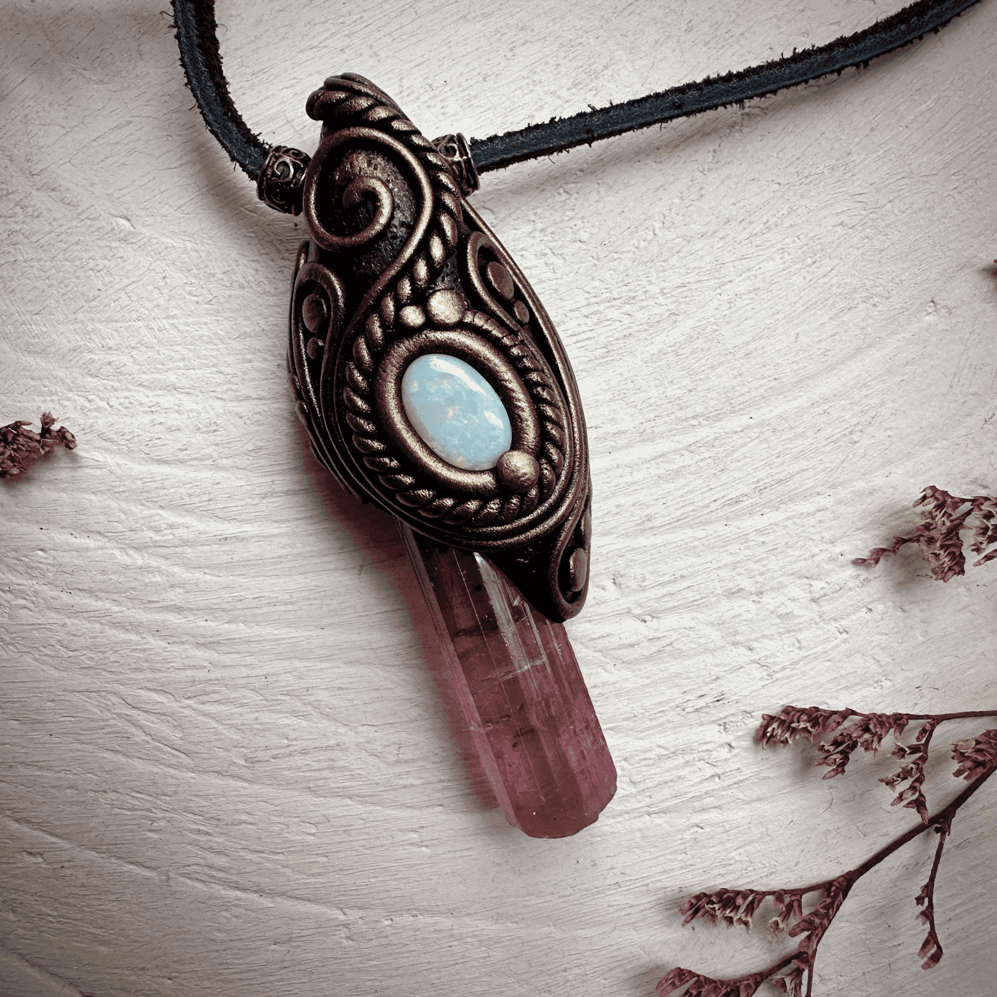 Pink Tourmaline and Australian Opal Necklace - FairyGardenGlow