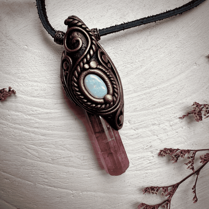 Pink Tourmaline and Australian Opal Necklace - FairyGardenGlow