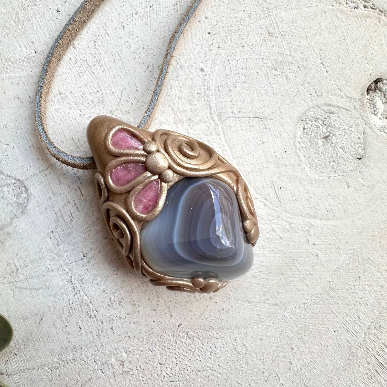Handmade necklace featuring Botswana agate and pink tourmaline gemstones