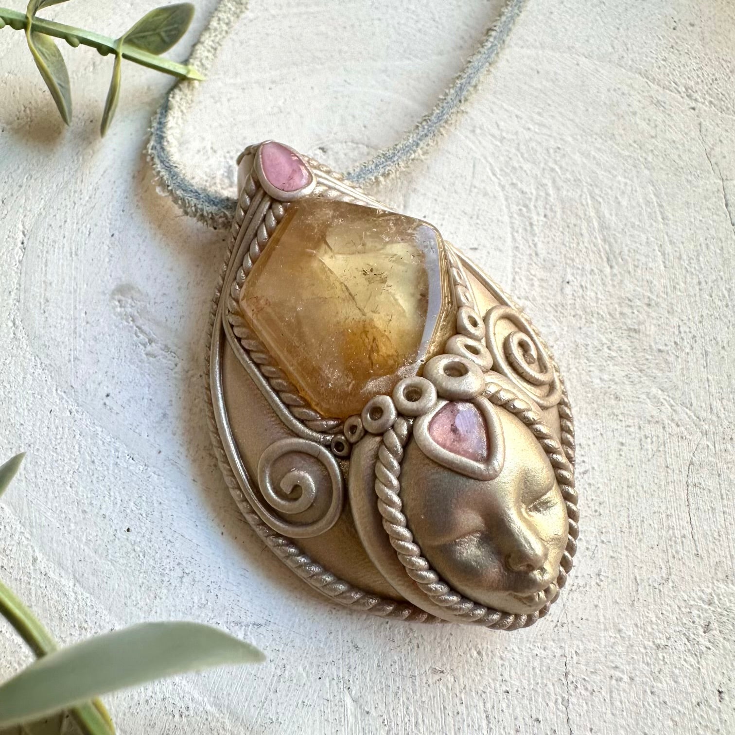 Goddess protection amulet crystal necklace with citrine and pink tourmaline