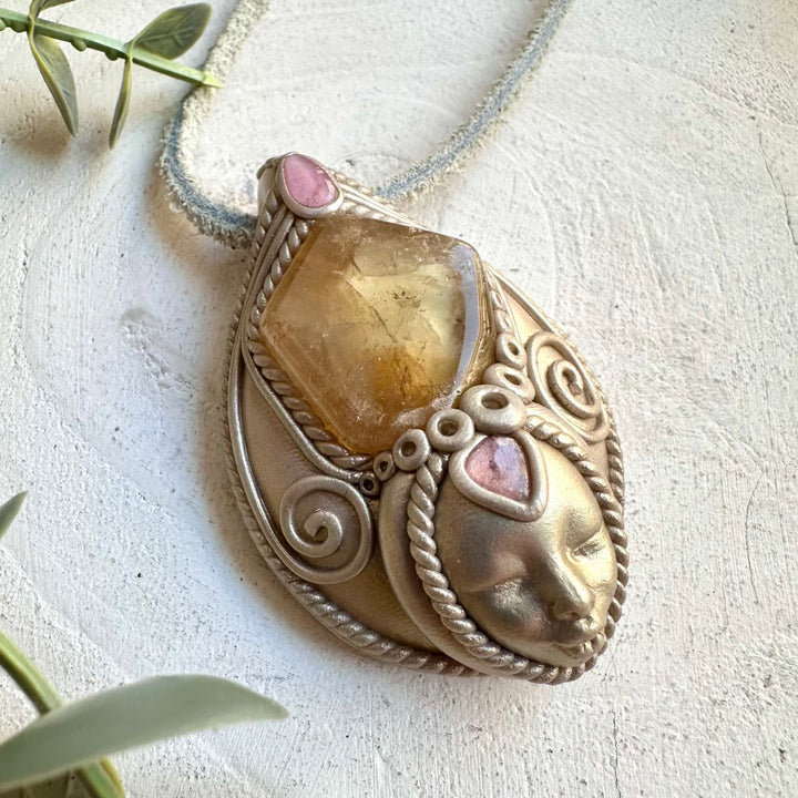 Goddess protection amulet crystal necklace with citrine and pink tourmaline