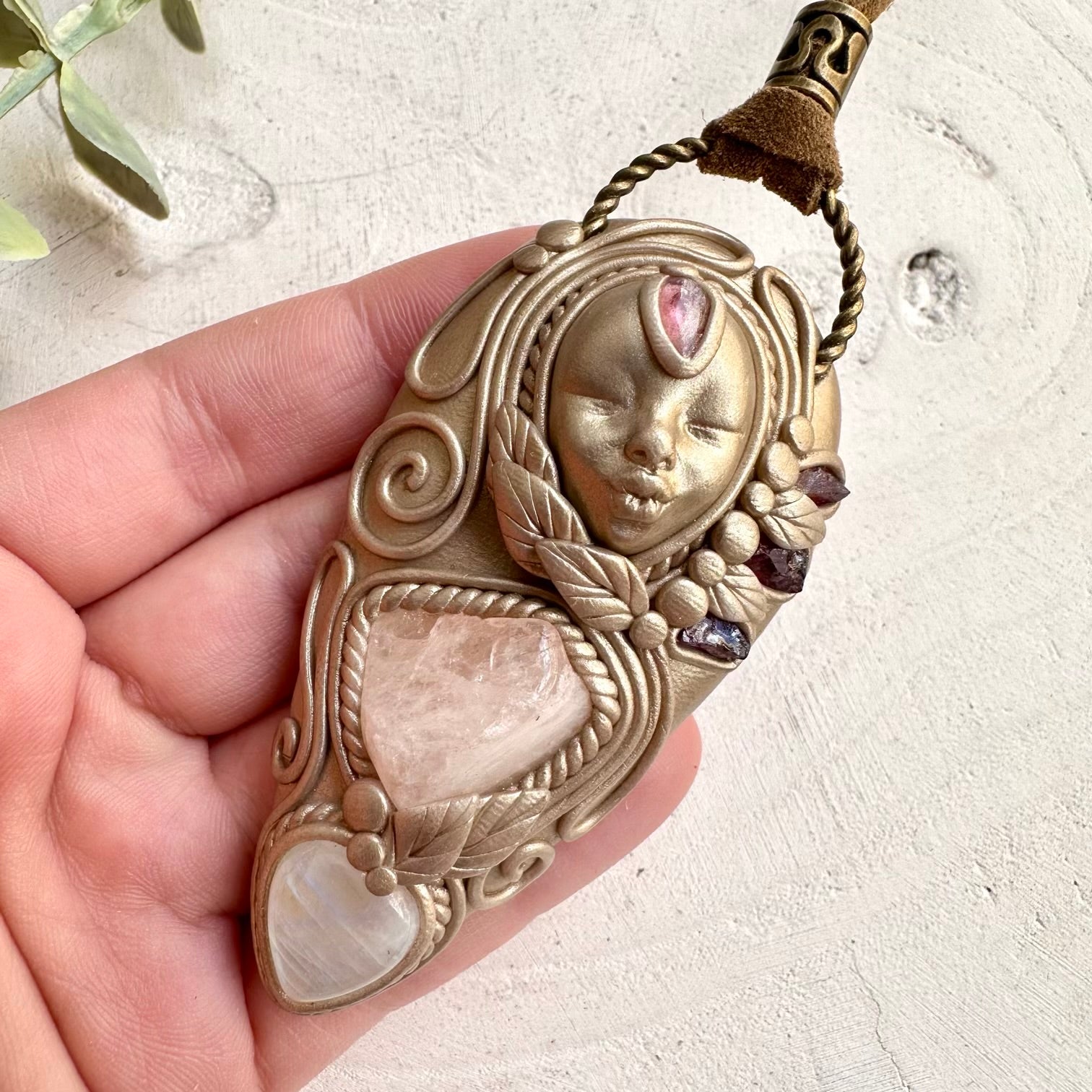 Handmade goddess necklace with moonstone morganite and pink tourmaline