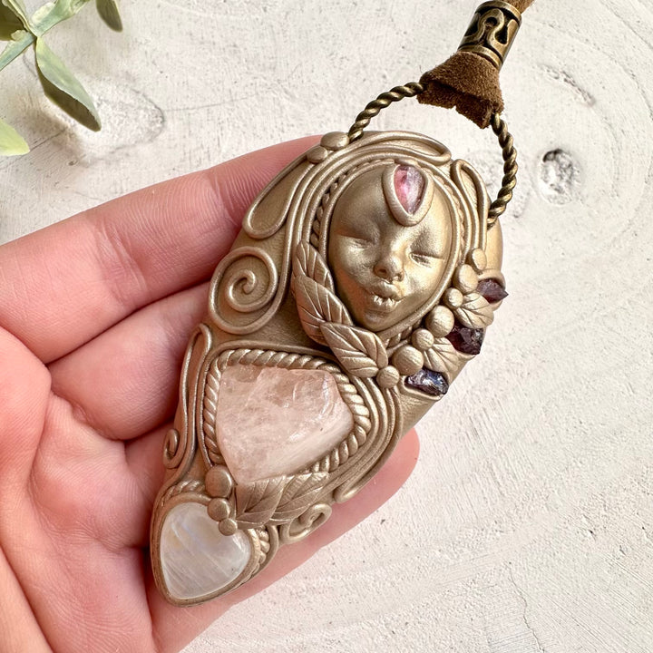 Handmade goddess necklace with moonstone morganite and pink tourmaline