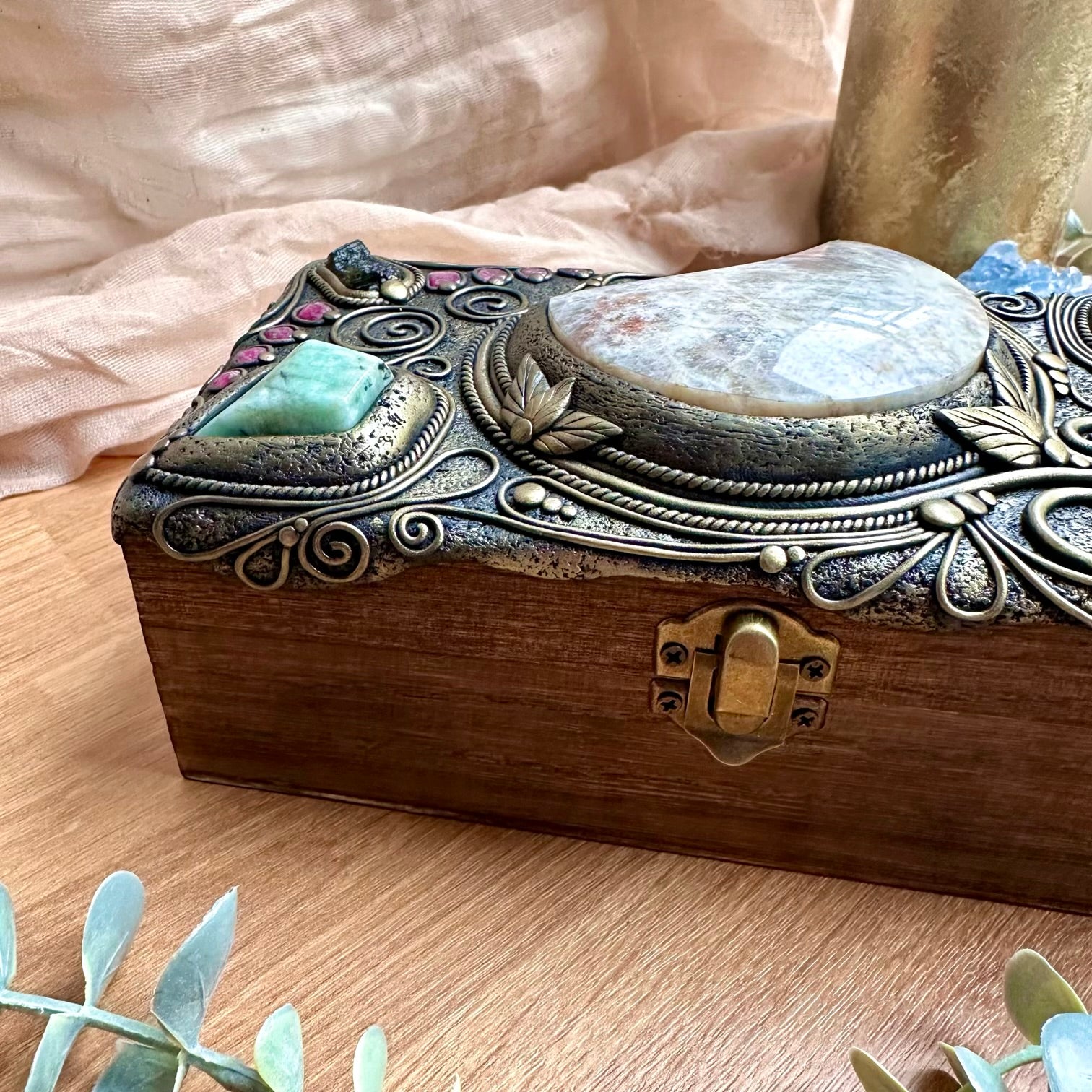 Crystal and gemstone box with pink tourmaline and tanzanite supporting heart energy and intuition