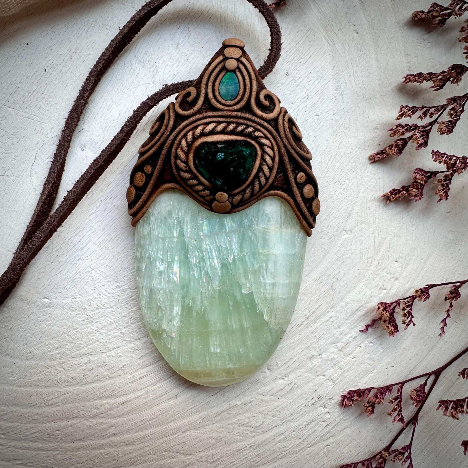 Pistachio Calcite Dioptase and Australian Opal Necklace - FairyGardenGlow