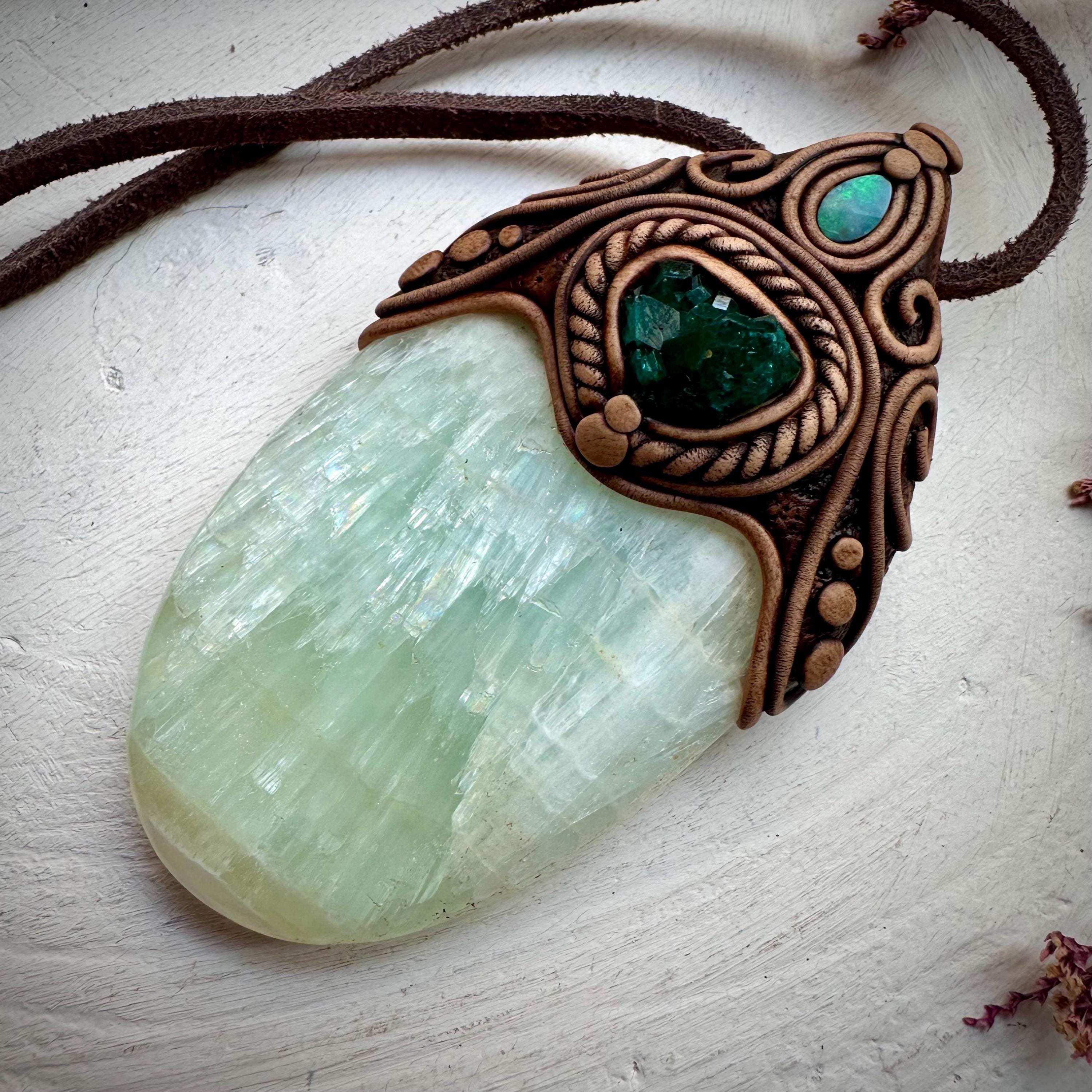 Pistachio Calcite Dioptase and Australian Opal Necklace - FairyGardenGlow