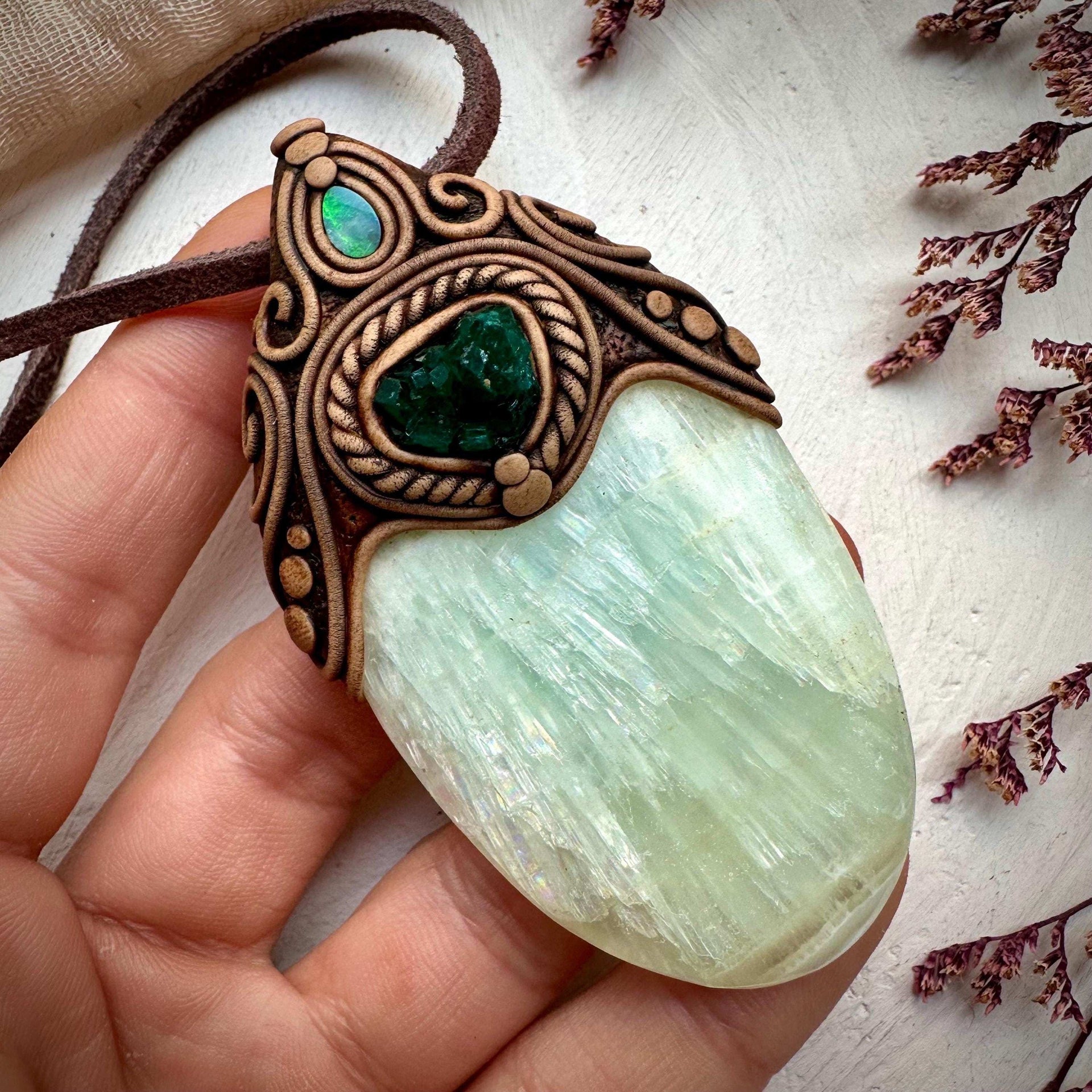 Pistachio Calcite Dioptase and Australian Opal Necklace - FairyGardenGlow