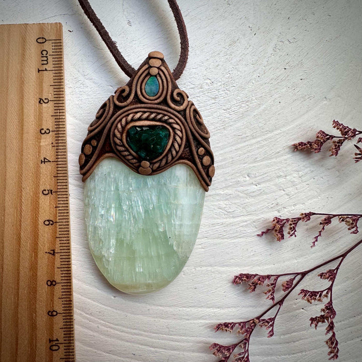 Pistachio Calcite Dioptase and Australian Opal Necklace - FairyGardenGlow