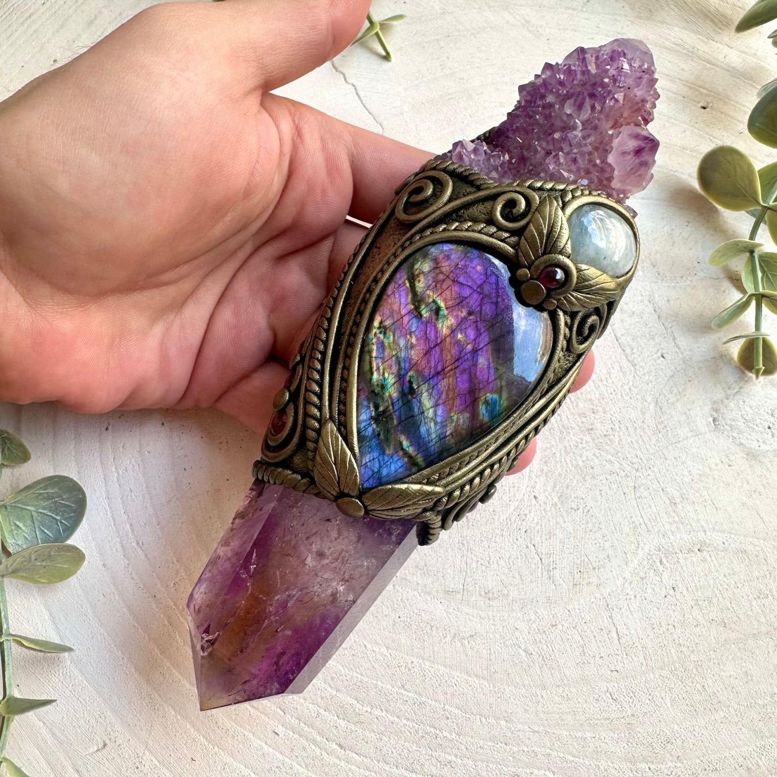 Wiccan crystal wand crafted with a polished Ametrine point and vibrant natural gemstones.