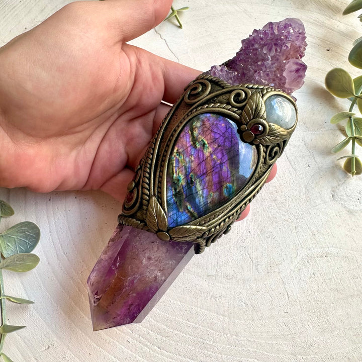 Wiccan crystal wand crafted with a polished Ametrine point and vibrant natural gemstones.