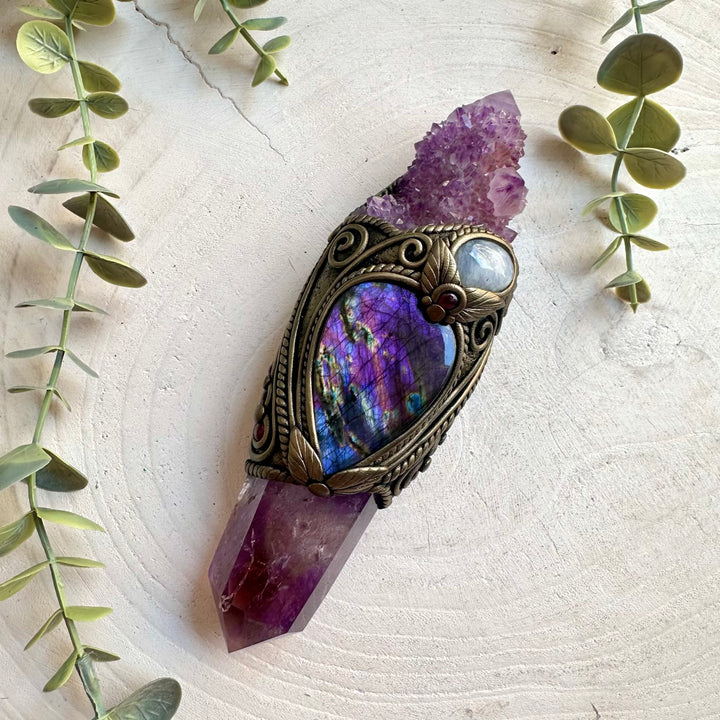 Handmade healing crystal wand featuring a polished Ametrine point, Deep Purple Spirit Quartz, Purple Labradorite, Moonstone and Rhodolite Garnet, a one of a kind energy healing and ritual tool.