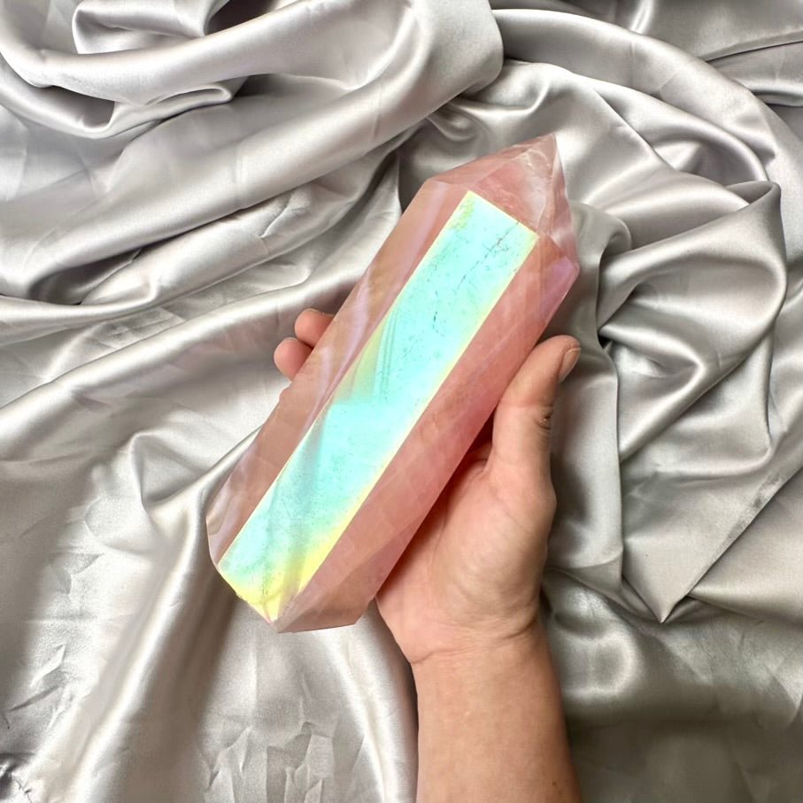Angel Aura Rose Quartz Tower – Unique Polished Pink Crystal Point for Love, Peace & Spiritual Harmony - FairyGardenGlow