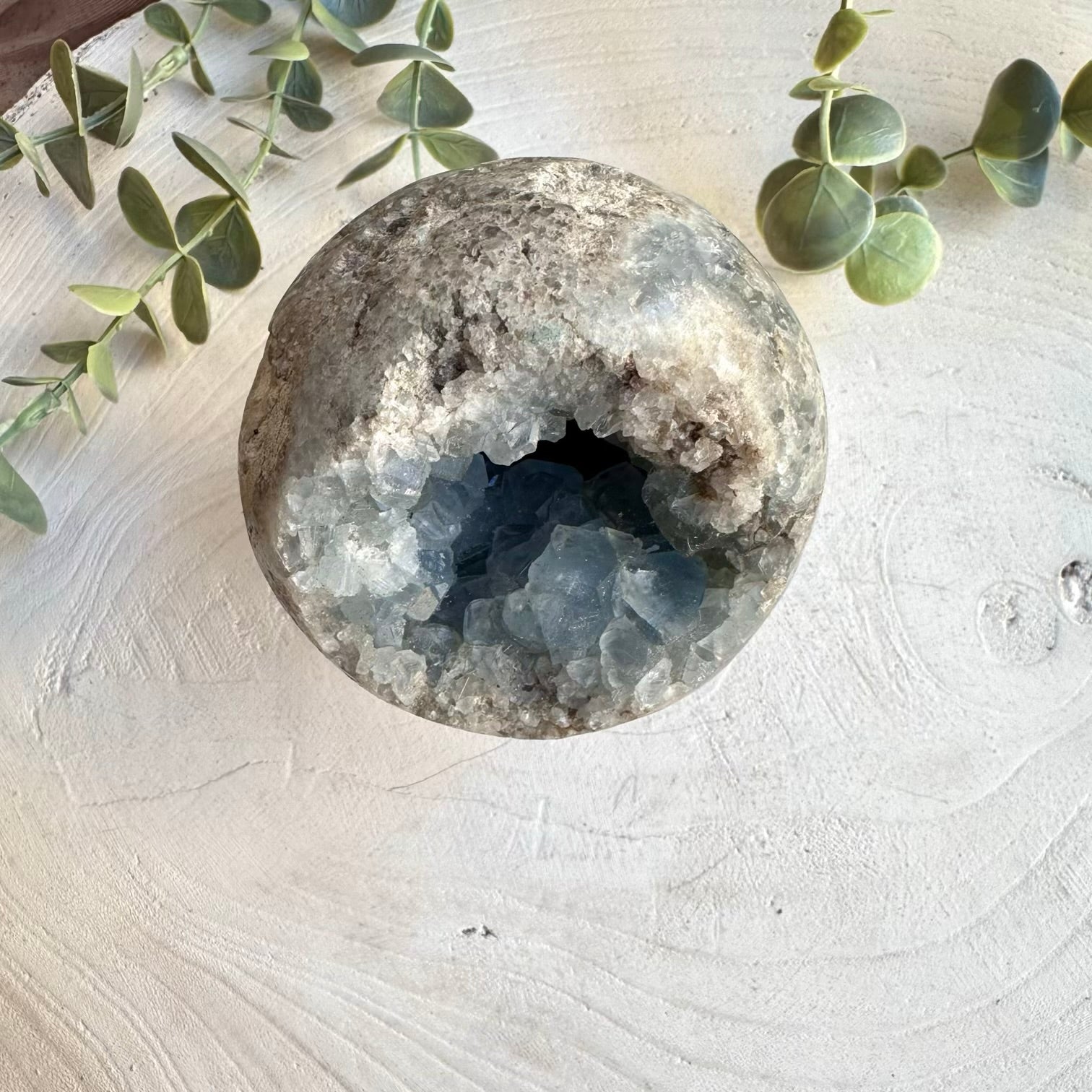 Blue celestite mineral sphere specimen