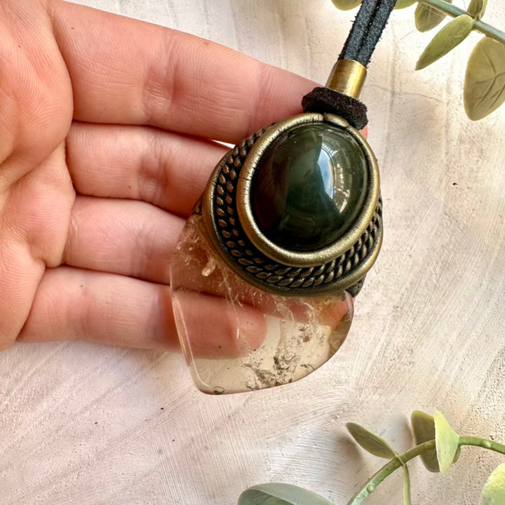 Polished citrine and rainbow obsidian crystal necklace, unisex jewelry