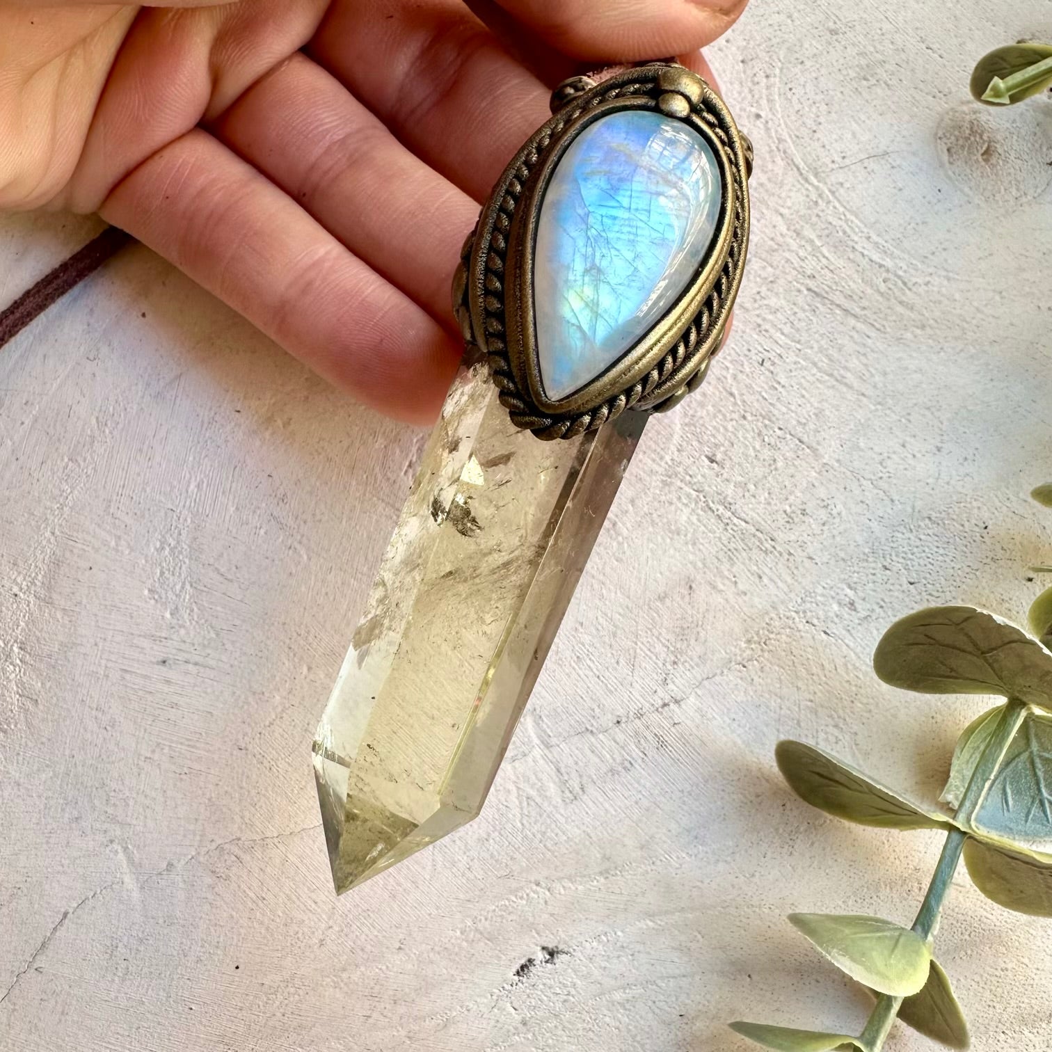 Polished citrine point and rainbow moonstone pendant necklace