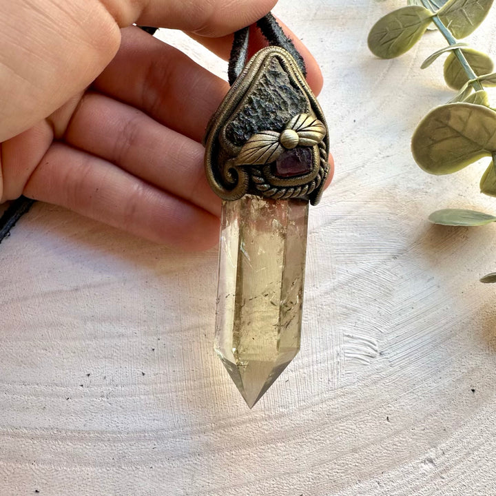 Polished citrine point raw moldavite and red garnet wand pendant necklace
