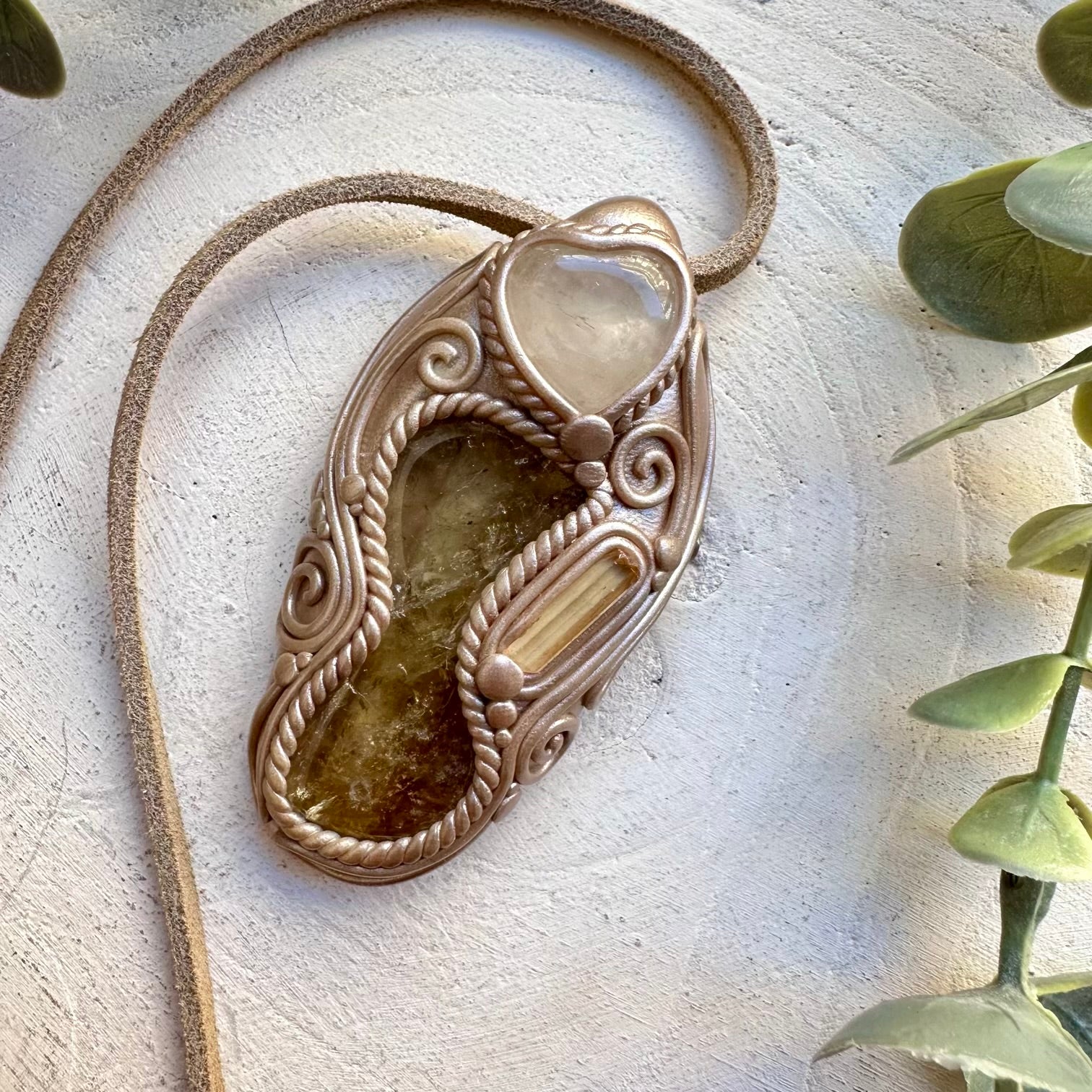 Handmade necklace with citrine quartz heart and topaz